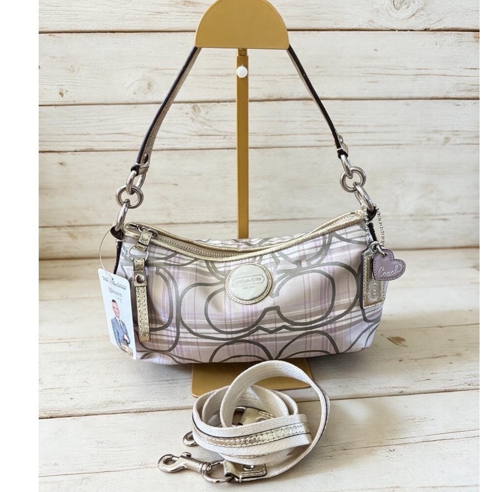 Coach Poppy Plaid Sateen Handbag Womens Crossbody Bag Gold Lavender Y2K F17210